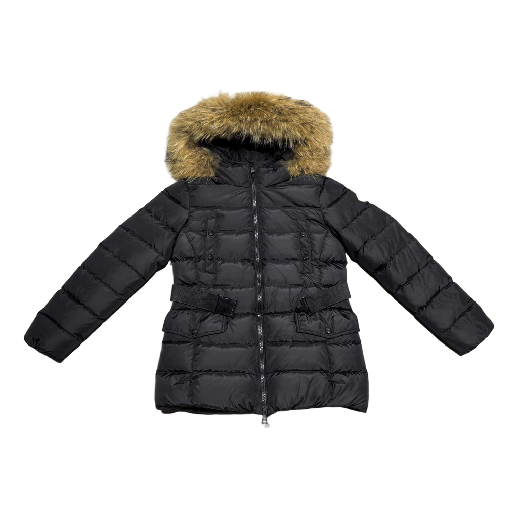 Moncler Four-Pocket Belted Fur-Trim Down Puffer Jacket in Black