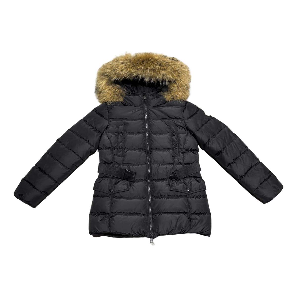 Moncler Four-Pocket Belted Fur-Trim Down Puffer Jacket in Black