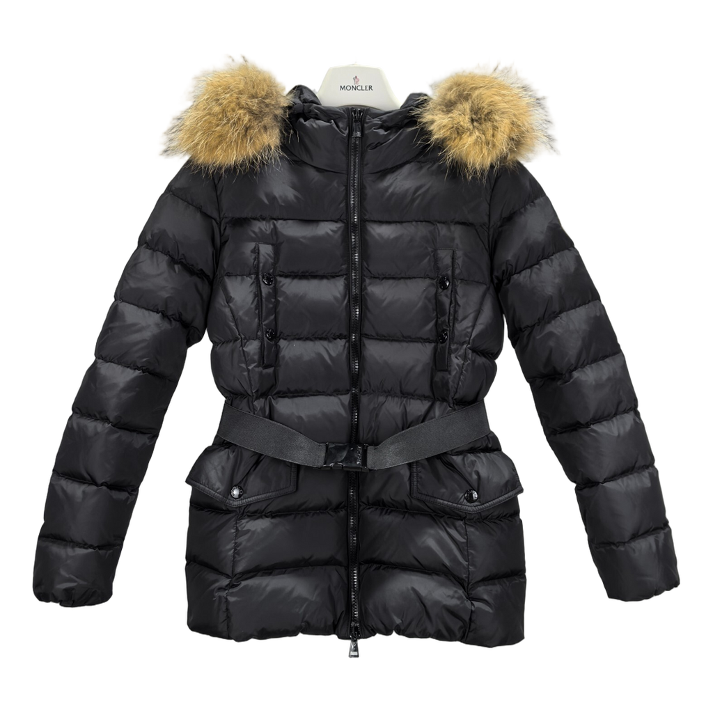 Moncler Four-Pocket Belted Fur-Trim Down Puffer Jacket in Black
