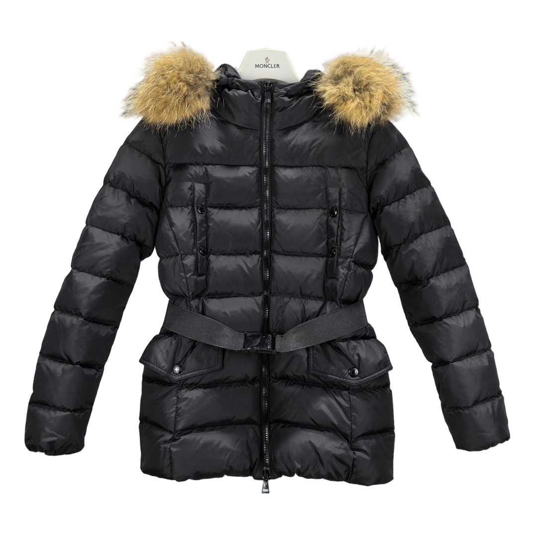 Moncler Four-Pocket Belted Fur-Trim Down Puffer Jacket in Black
