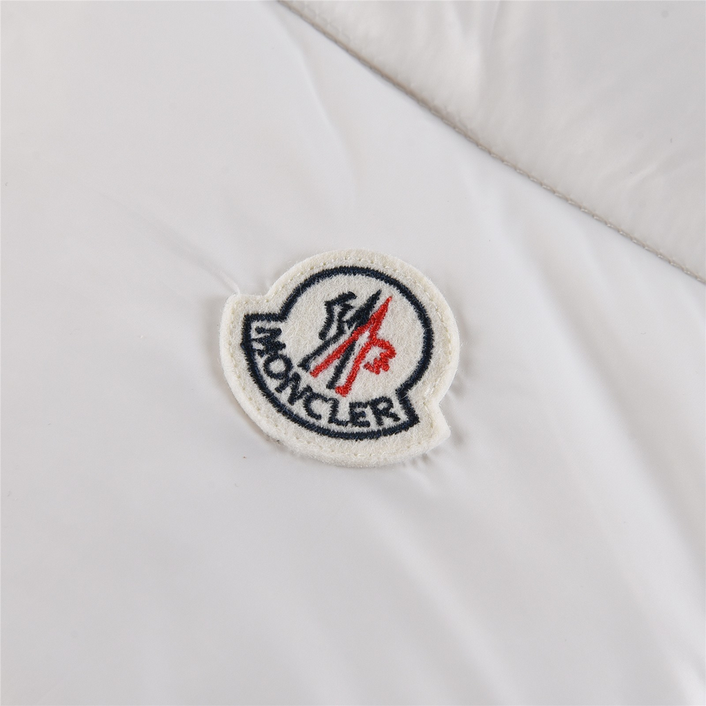 Moncler White Hooded Down Jacket with Tricolour Sleeve Stripe