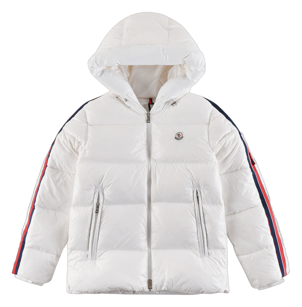 Moncler White Hooded Down Jacket with Tricolour Sleeve Stripe