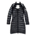 Moncler Black Narrow-Quilt Long Down Coat with Fur-Trim Hood