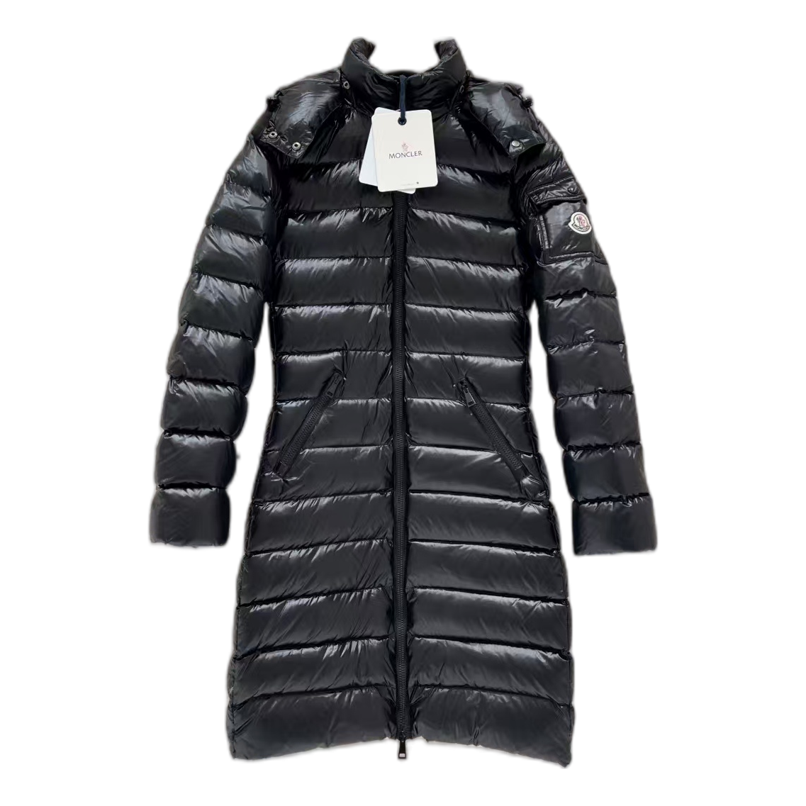 Moncler Black Narrow-Quilt Long Down Coat with Fur-Trim Hood