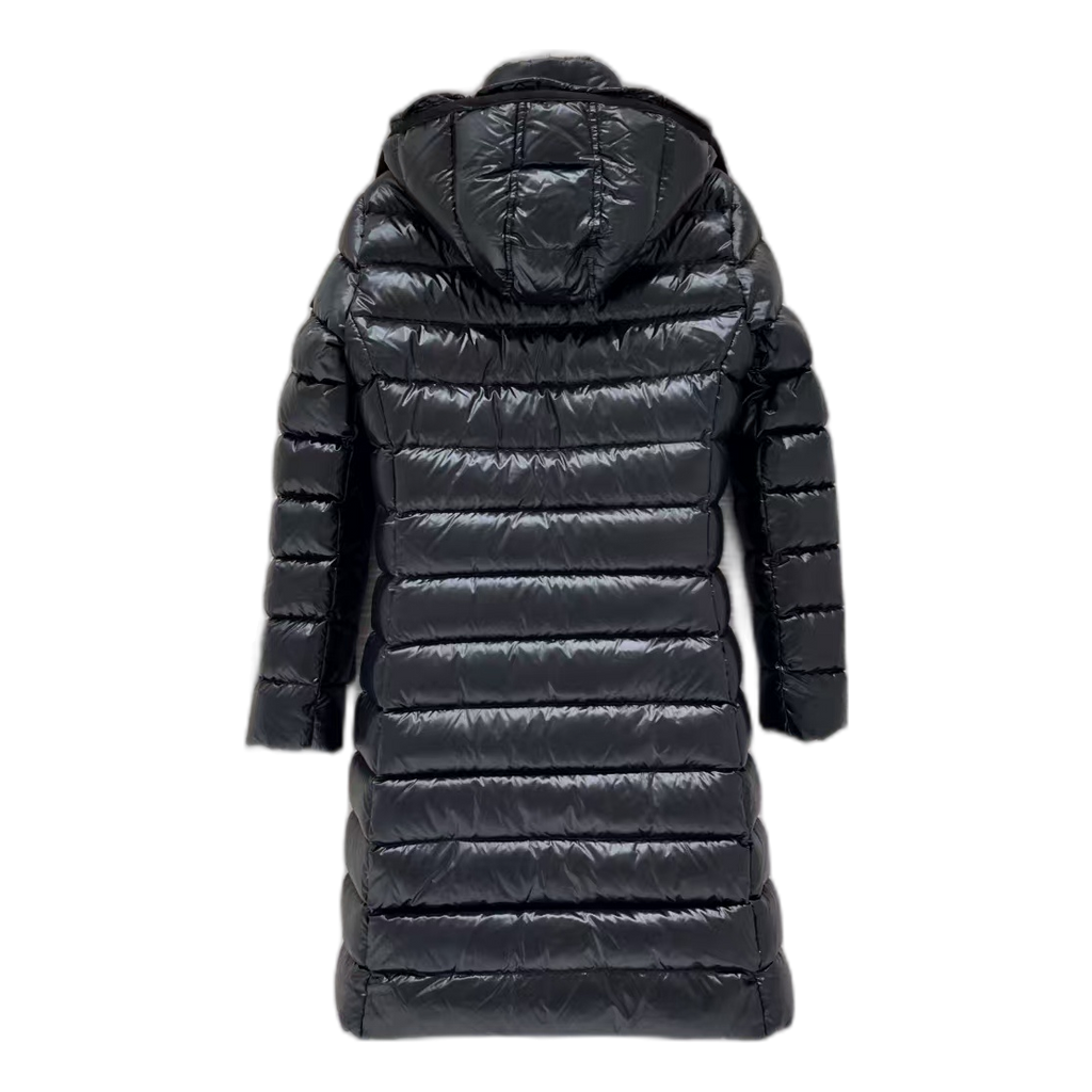 Moncler Black Narrow-Quilt Long Down Coat with Fur-Trim Hood