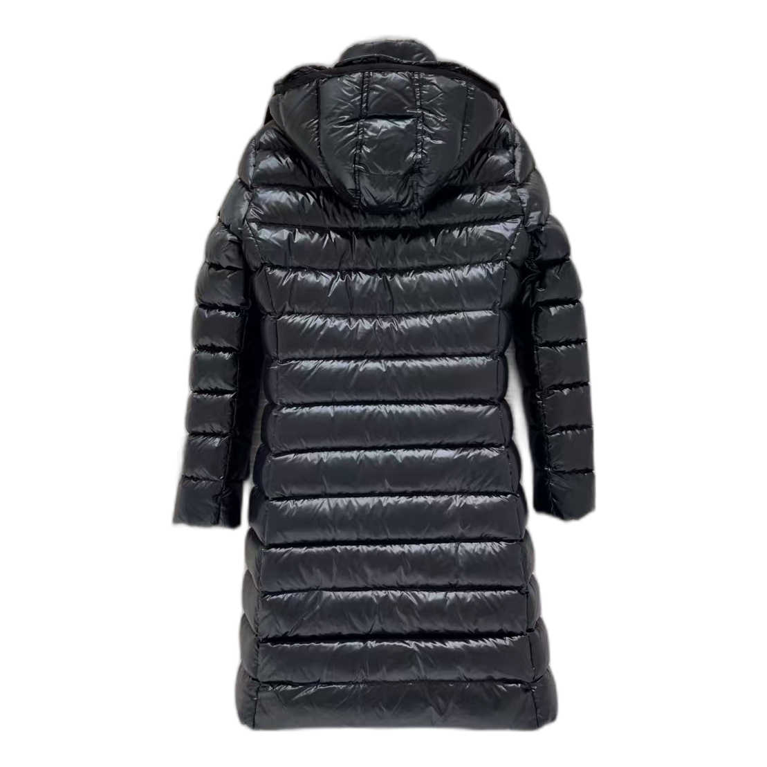 Moncler Black Narrow-Quilt Long Down Coat with Fur-Trim Hood