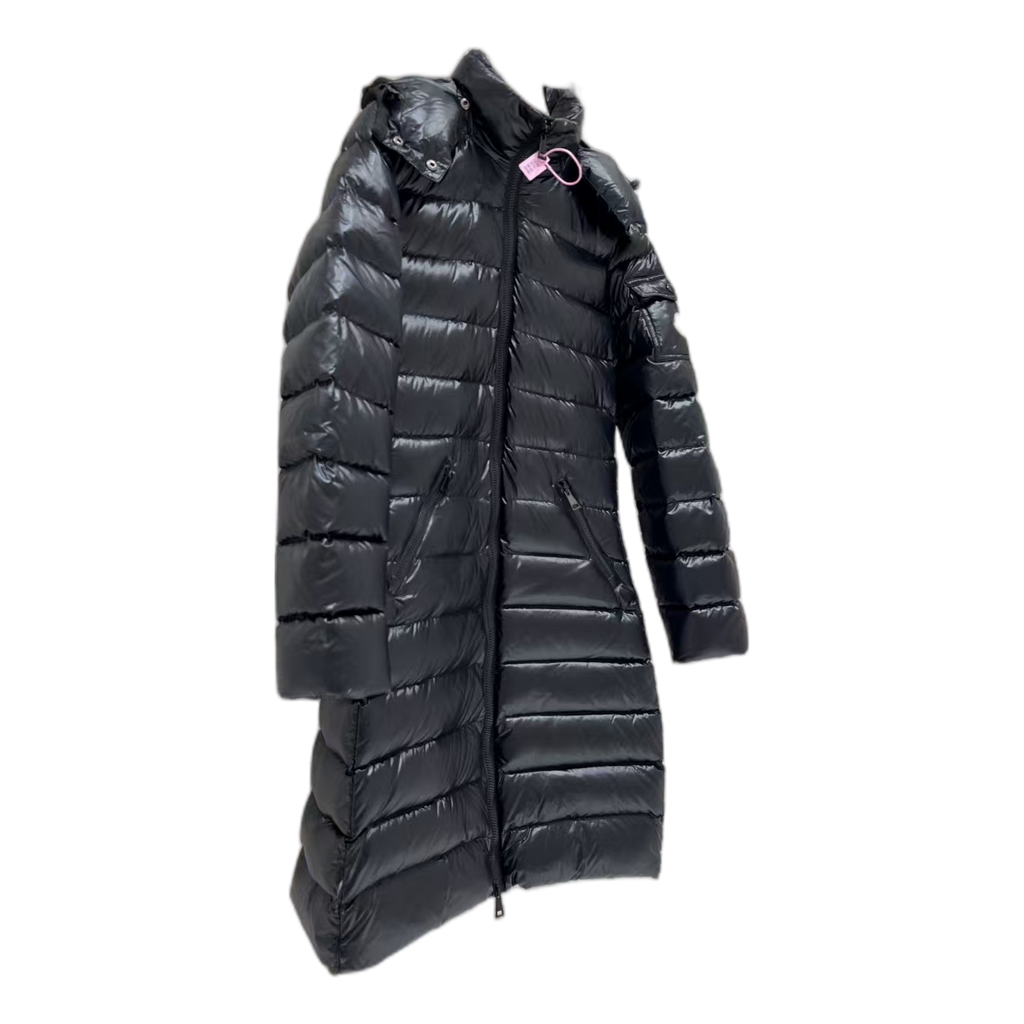 Moncler Black Narrow-Quilt Long Down Coat with Fur-Trim Hood