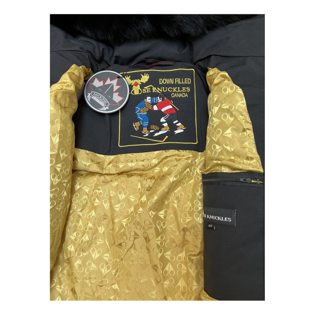 Moose Knuckles Gold 3Q Black Down Jacket with Fur-Trimmed Hood