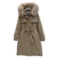 Prada Long Belted Coat with Faux Fur-Trimmed Hood – Beige