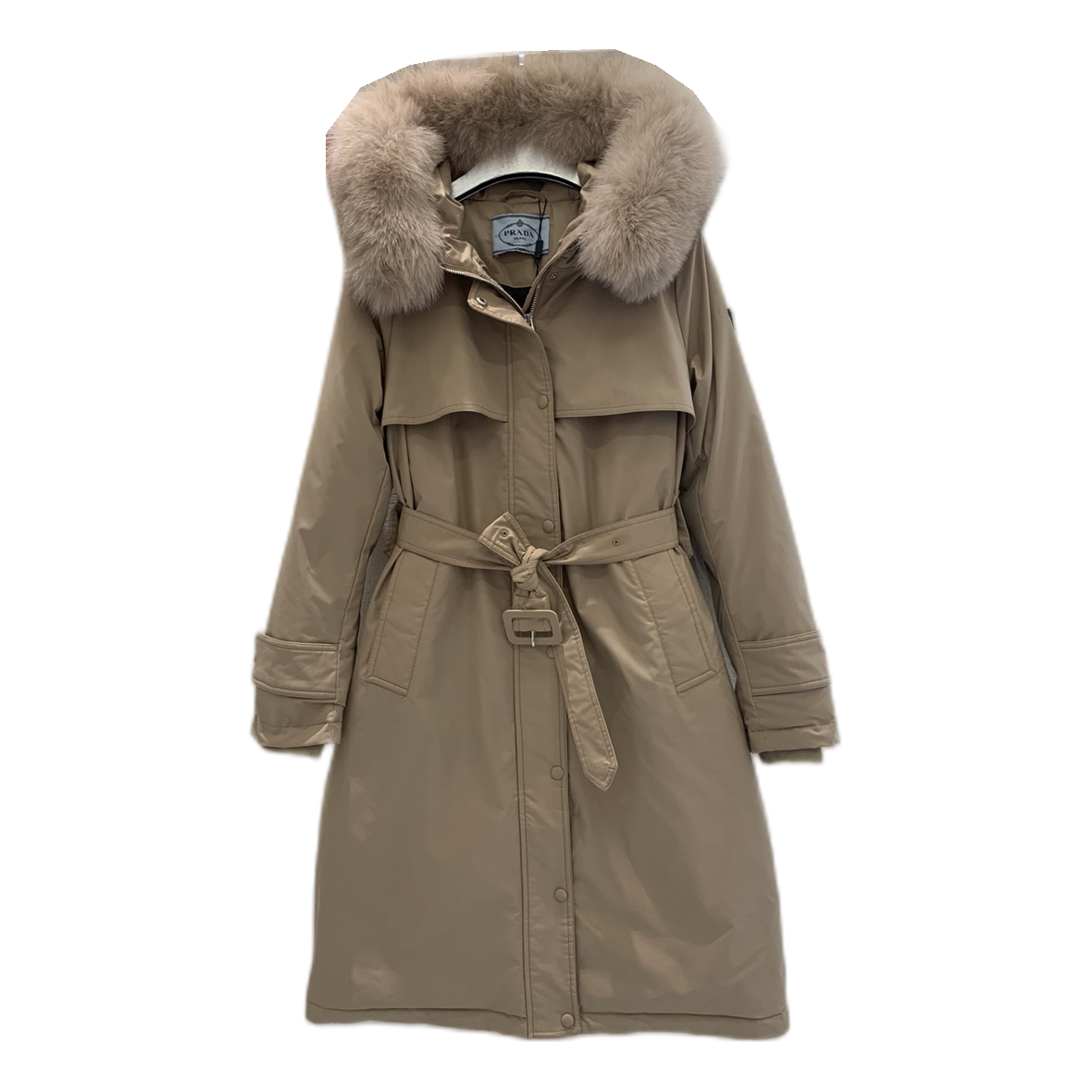 Prada Long Belted Coat with Faux Fur-Trimmed Hood – Beige