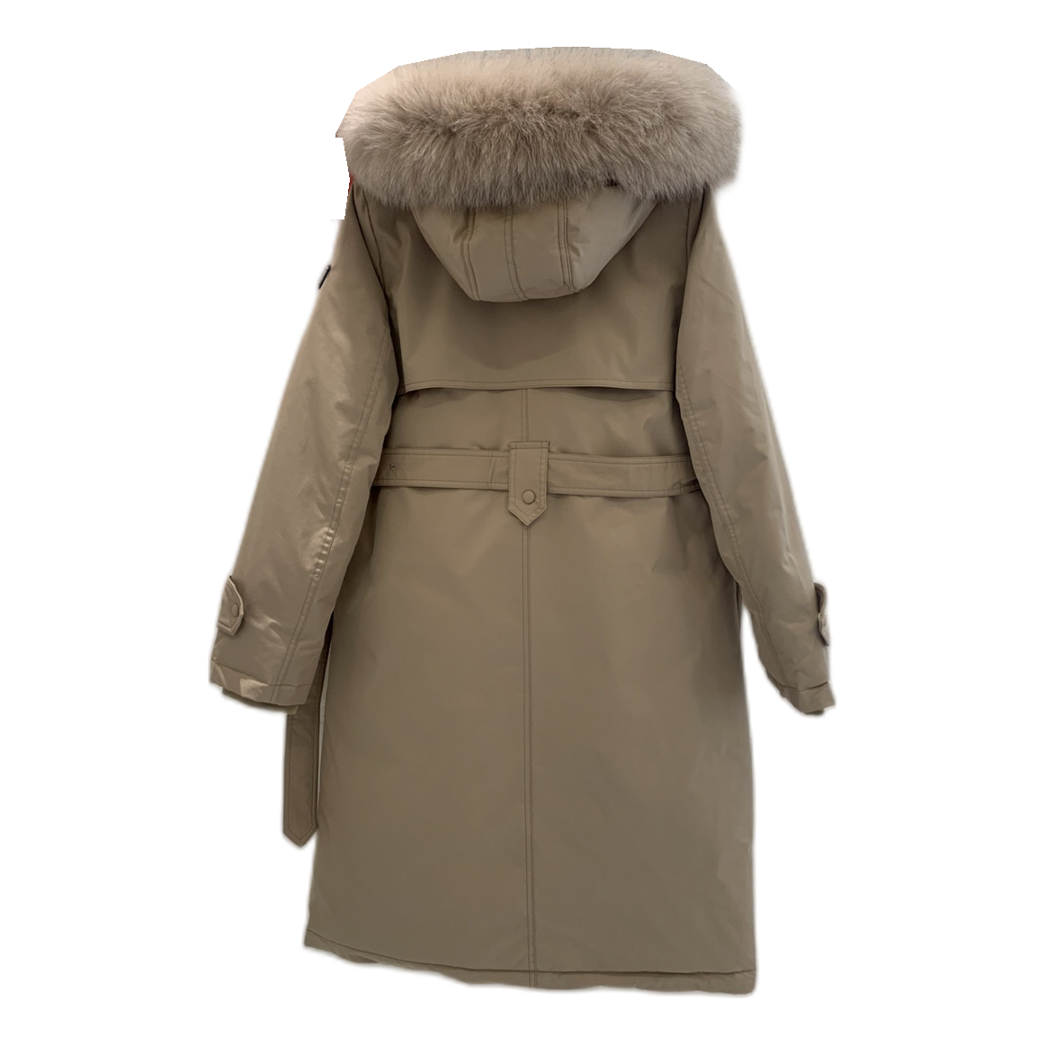 Prada Long Belted Coat with Faux Fur-Trimmed Hood – Beige