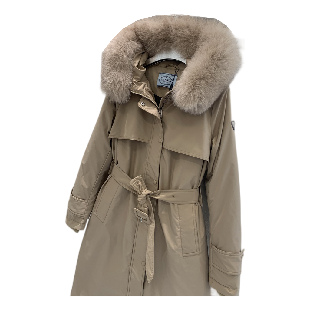 Prada Long Belted Coat with Faux Fur-Trimmed Hood – Beige