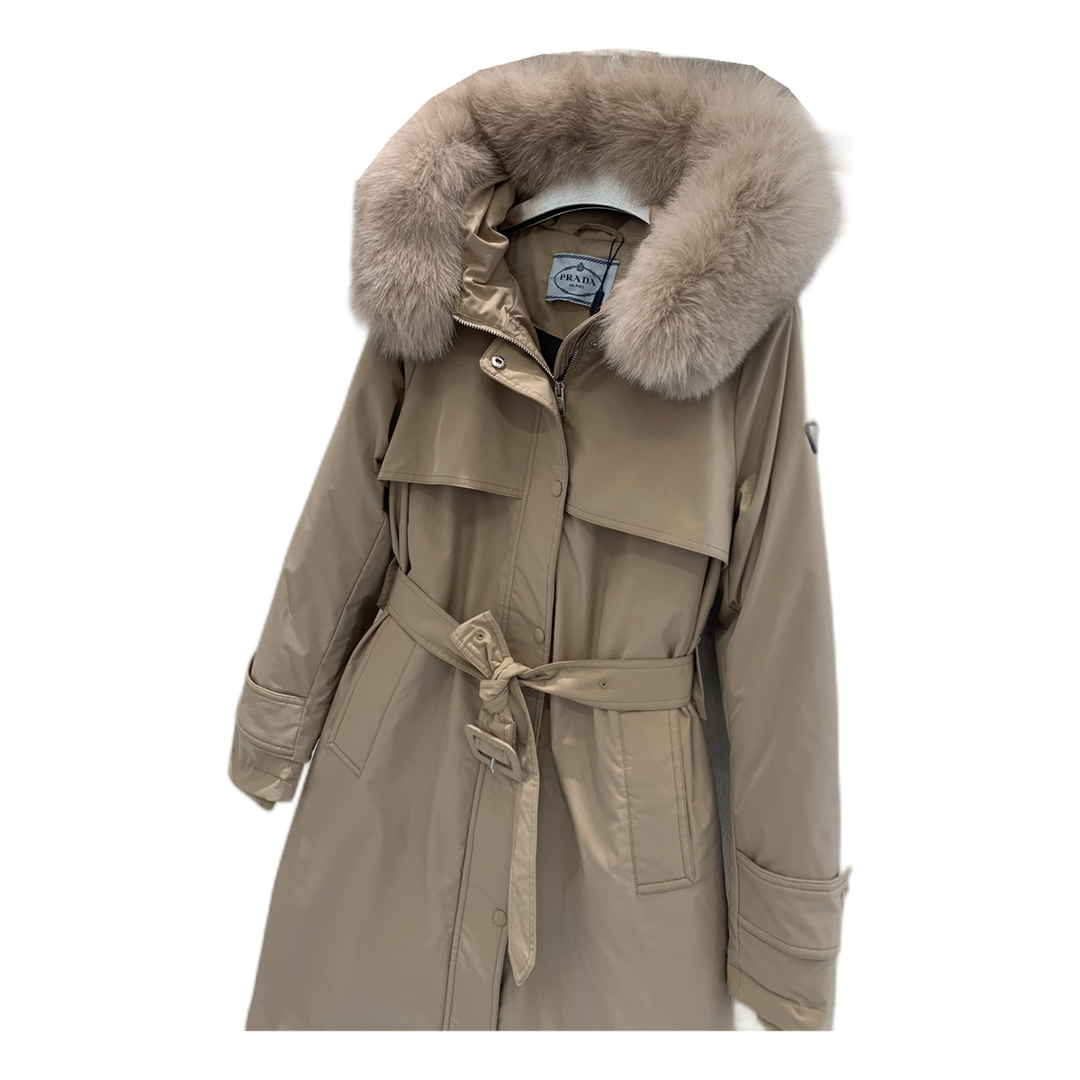 Prada Long Belted Coat with Faux Fur-Trimmed Hood – Beige