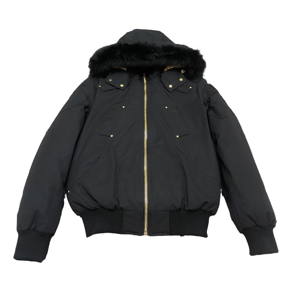 Moose Knuckles Gold Ballistic Black Down Bomber Jacket with Fur Collar