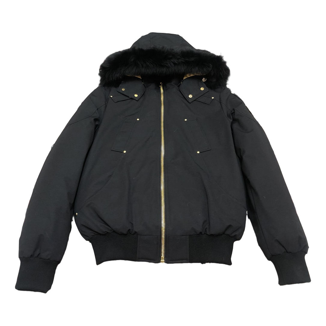 Moose Knuckles Gold Ballistic Black Down Bomber Jacket with Fur Collar