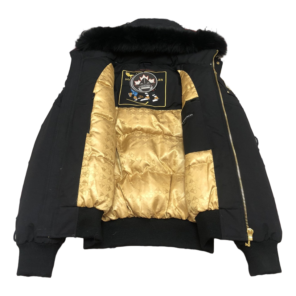 Moose Knuckles Gold Ballistic Black Down Bomber Jacket with Fur Collar