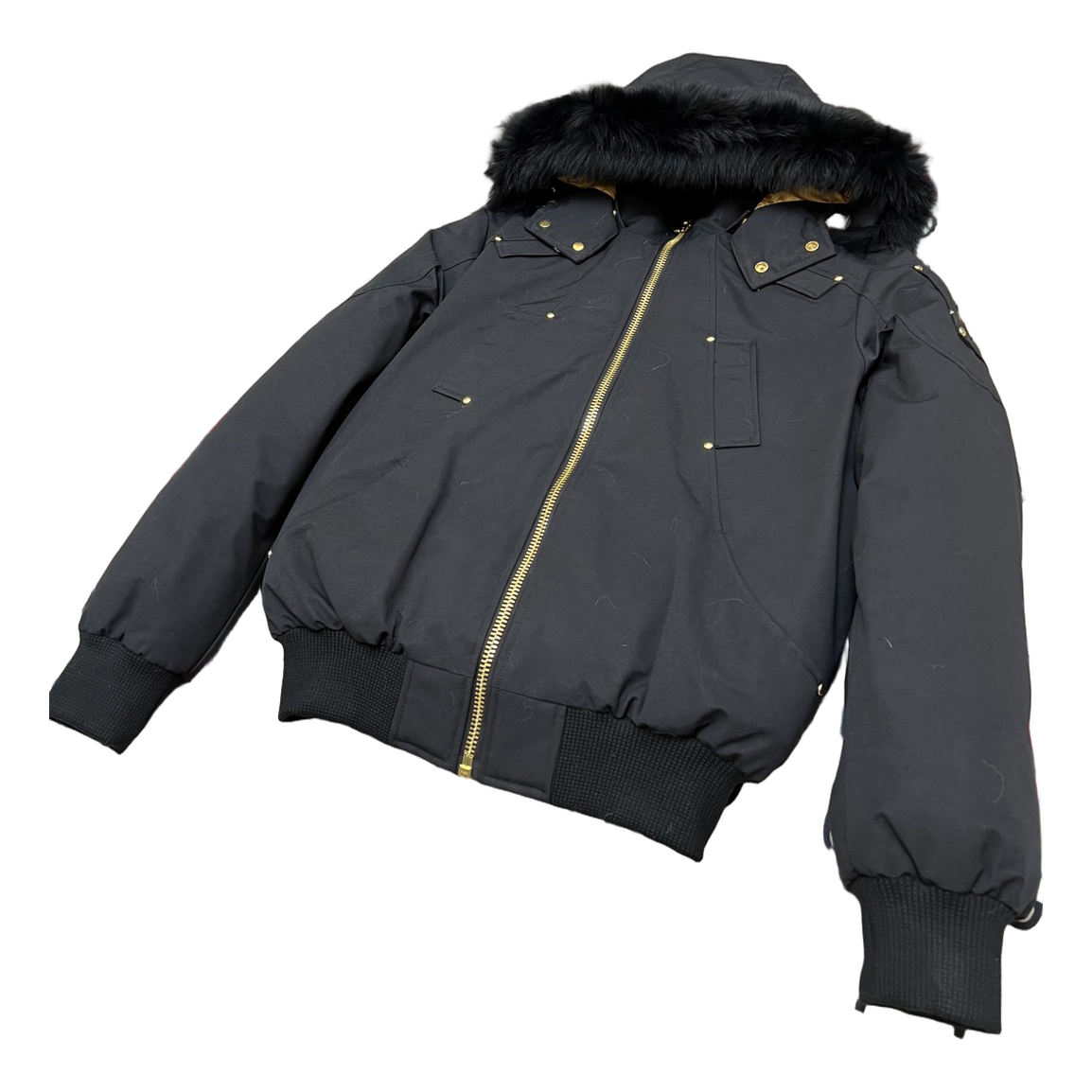 Moose Knuckles Gold Ballistic Black Down Bomber Jacket with Fur Collar