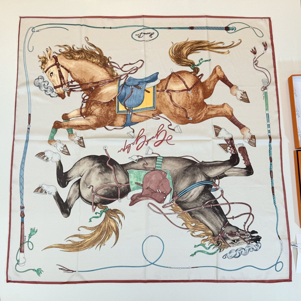 Hermès Cream Equestrian Silk Square Scarf